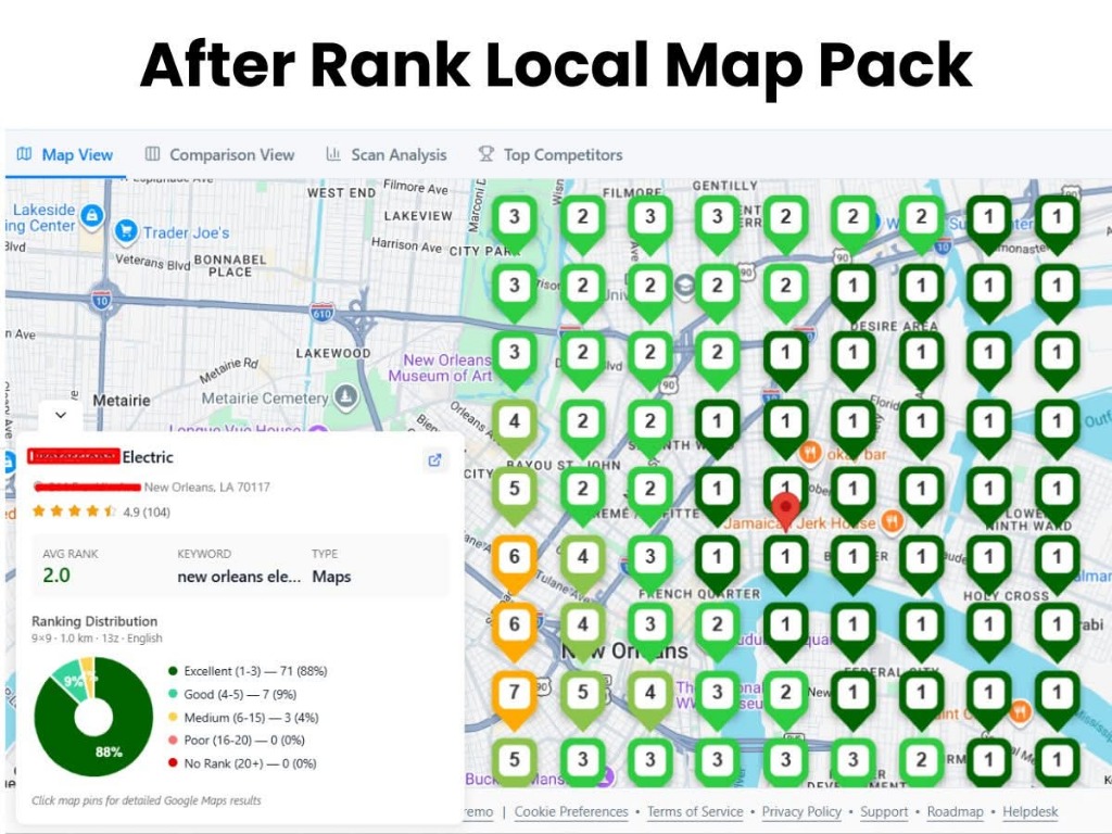 After local rank tracking map showing 88% of pins in top 3 with average rank 2.0