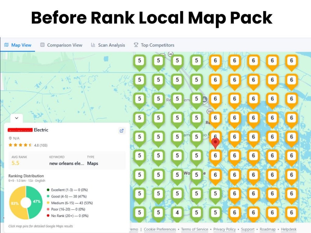 Before local rank tracking map showing average rank 5.5 with zero top-3 rankings